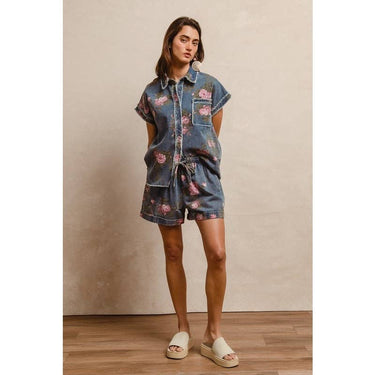 Floral Printed Denim Short Pants With Pocket